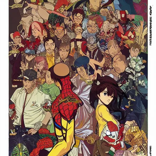 Image similar to anime manga SPIDERMAN illustration hyperrealistic art Geof Darrow and will cotton alphonse mucha pop art nouveau