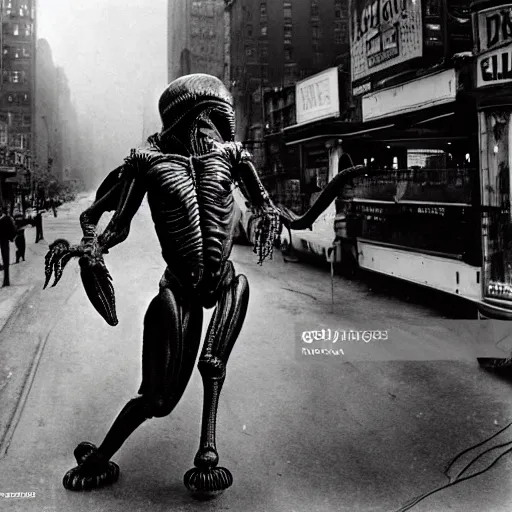Image similar to old black and white photo, 1 9 1 3, depicting a xenomorph from the movie aliens rampaging through the bustling streets of new york city, historical record
