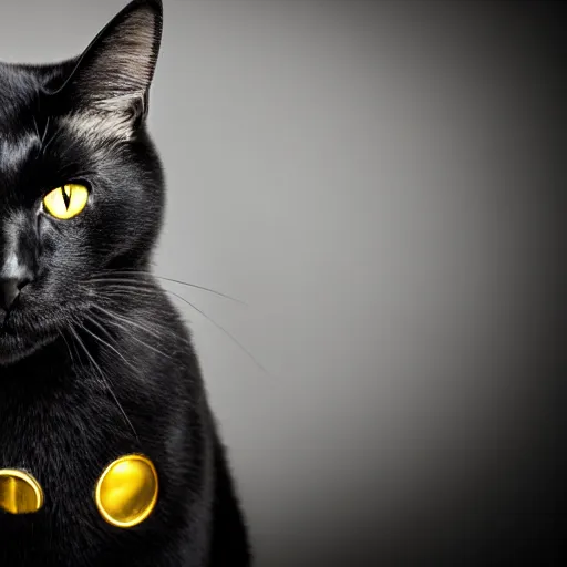 Image similar to a black cat with yellow eyes wearing silver armor, high quality photograph, studio lighting