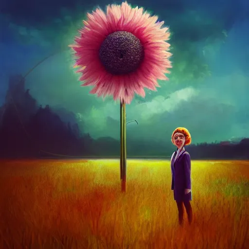 Image similar to giant daisy flower head, frontal, a girl in a suit, surreal photography, sunrise, dramatic light, impressionist painting, digital painting, artstation, simon stalenhag