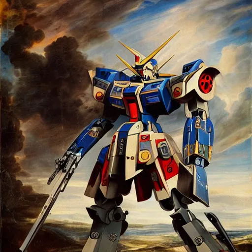 Image similar to peter paul rubens as consequences of wars with mecha gundam, random content position, ultra realistic human face details with emotion, ultra realistic environment content details, incrinate content details, delete duplicate contents, rgb color