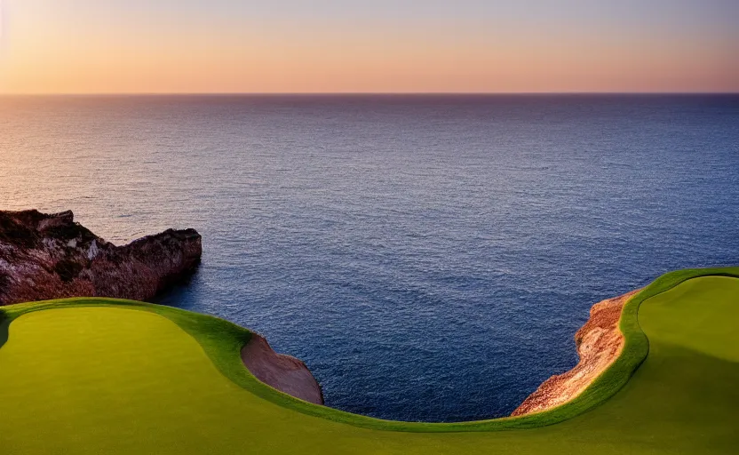 Image similar to a great photograph of the most amazing golf hole in the world, cliffs by the sea, perfect green fairway, human perspective, ambient light, 5 0 mm, golf digest, top 1 0 0, golden hour