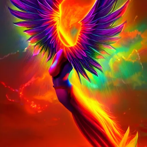 Prompt: rainbow colorful magic phoenix goddess, trending on artstation, cgsociety, artgerm, visually stunning, beautiful lighting