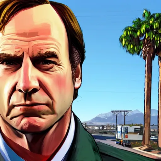 Image similar to Saul Goodman in GTA V . Los Santos in the background, palm trees. In the art style of Stephen Bliss.