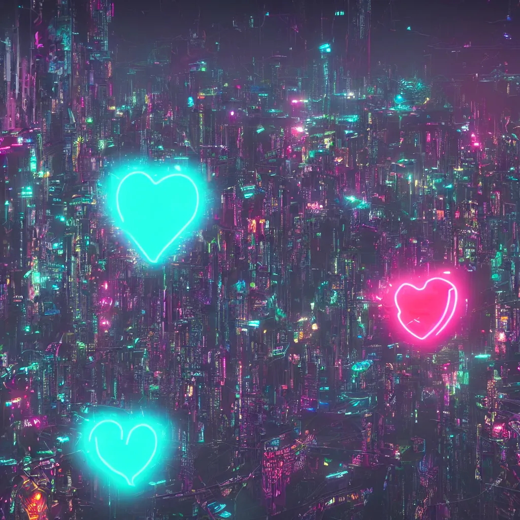 Prompt: a glowing neon heart suspended above a futuristic cyberpunk city 4k ultra detailed