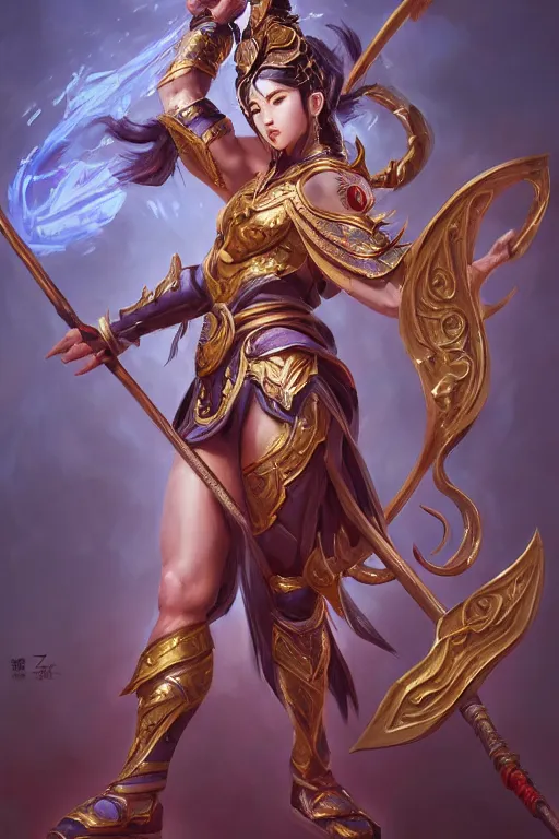 Image similar to a masterpiece portrait of nezha, legendary god holding spear, hero action pose, fantasy character portrait, hyper detailed, digital painting, 8 k realistic, trending on artstation, sharp focus, dof, by fenghua zhong, artgerm, ne zha from smite, tsuyoshi nagano, top lighting