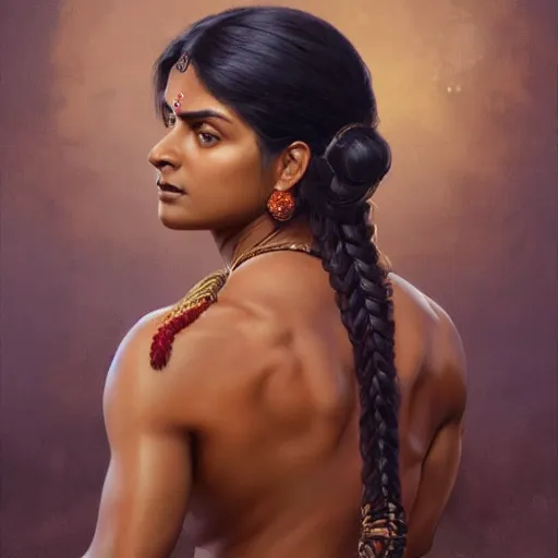 Prompt: portrait painting of dark muscular indian woman back, ultra realistic, concept art, intricate details, eerie, highly detailed, photorealistic, octane render, 8 k, unreal engine. art by artgerm and greg rutkowski and alphonse mucha