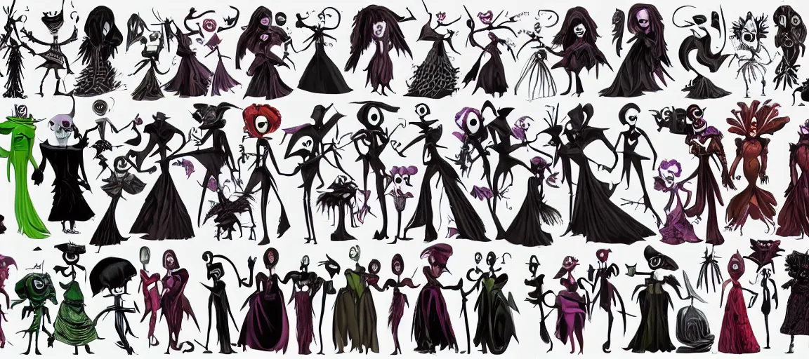 Prompt: a lineup of character designs of woman villain characters with varying shapes and sizes and inspired by the nightmare before christmas, high resolution