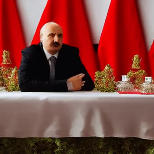 Image similar to Alexander Lukashenko in Scarface, cocaine on the table, belarusian flag in the background, cinematic still