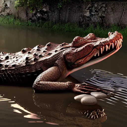 Image similar to melting crocodile, 3 d model, unreal engine, highly detailed, on a riverbank, hyperealistic, octane render, concept art, artstation, dusk lighting, realistic shadows