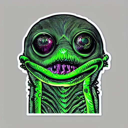 Image similar to closeup of an adorable, eldritch frog abomination of unimaginable horror by h. r. giger and junji ito, speculative evolution, psychedelic illustration, op art, sticker illustration