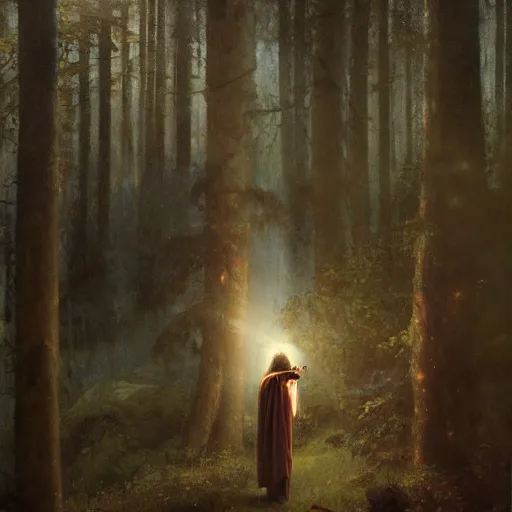 Image similar to detailed and oil painting, hyper realistic | cinematic lighting, award - winning | the robed hermit leans with his lamp upon the abyss of the dark well in the misty forest | by henry fuseli, by gustav klimt, by william waterhouse and tom bagshaw | trending on artstation, cgsociety, official art, octane.