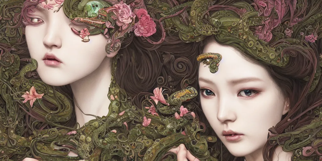 Image similar to breathtaking detailed concept art painting of a woman with snakes crawling in her mouth and eyes flowers, saint, with anxious, piercing eyes, ornate background, amalgamation of leaves and flowers, by Hsiao-Ron Cheng, James jean, Miho Hirano, takato yamamoto, extremely moody lighting, 8K