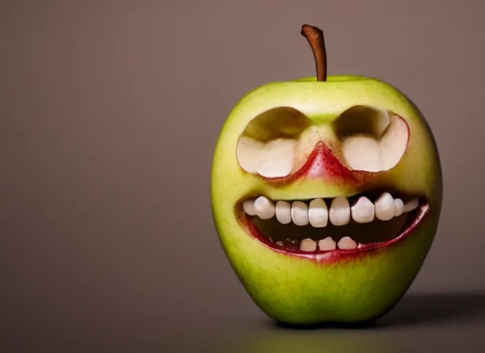 Image similar to photo still of an apple with human teeth, 8 k, studio lighting bright ambient lighting key light, 8 5 mm f 1. 8