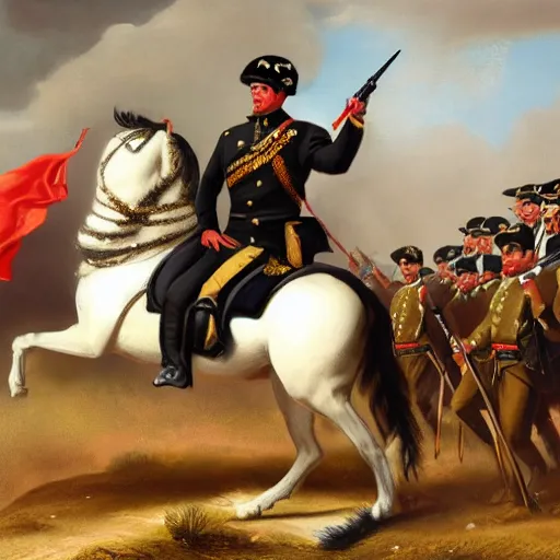 Image similar to cinematic shot of Kim Kardashian dressed as a military officer leading a charge in an open field, 1800s, oil on canvas, dramatic,