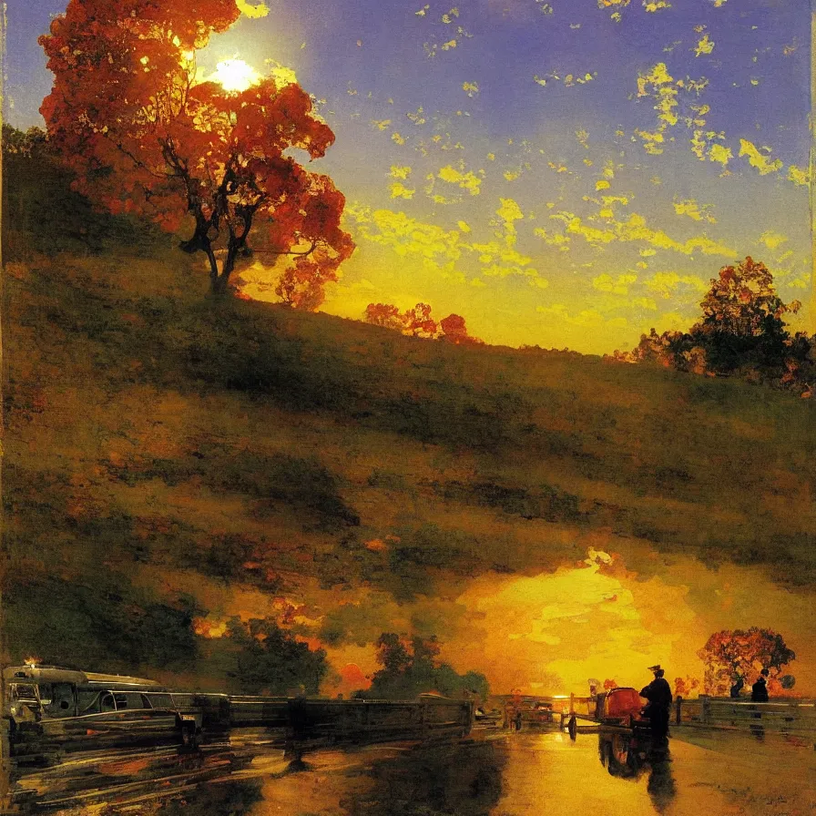 Image similar to cover artwork about a metaphorical highway that leads to the sun during a beautiful morning sunrise, painted by gaston de la touche, winslow homer, thomas moran, steve mitchell...