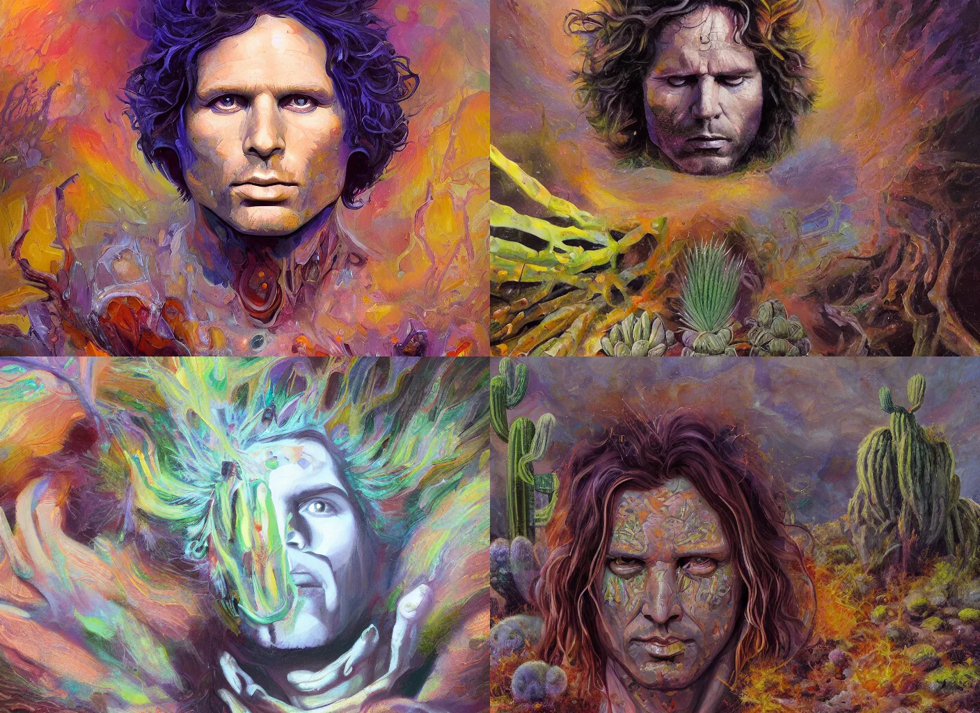 Prompt: jim morrison portrait, peyote cactus desert, oil painting of gloomy abstract surrealist forms by yvonne mcgillivray by mandy jurgens by michael divine, powerful eyes glowing highly detailed painting of gloomy, spiritual abstract forms, symmetrical, trending on artstation, abstract emotional rage expression, fantasy digital art, highly detailed patterned visionary art, by michael divine, cosmic nebula