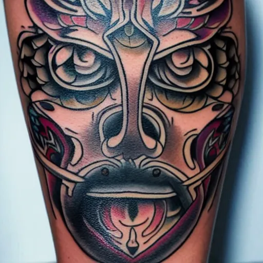 Prompt: a photo off a full body tattoo in the style of neo tribal