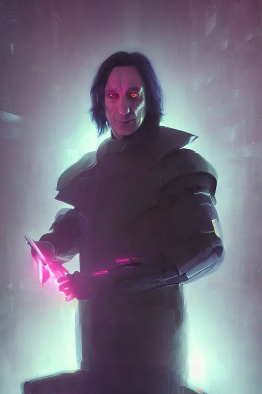 Image similar to portrait of cyborg severus snape in cyberpunk, neon lighting, night city, digital art from artstation by Ruan Jia and Mandy Jurgens and Artgerm and william-adolphe bouguereau and Greg Rutkowski