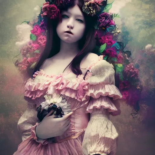 Image similar to 8 k, octane render, realism, tonalism, renaissance, rococo, baroque, cotton candy, creepy young lady wearing long harajuku manga dress with flowers and skulls ( background chaotic flowers )