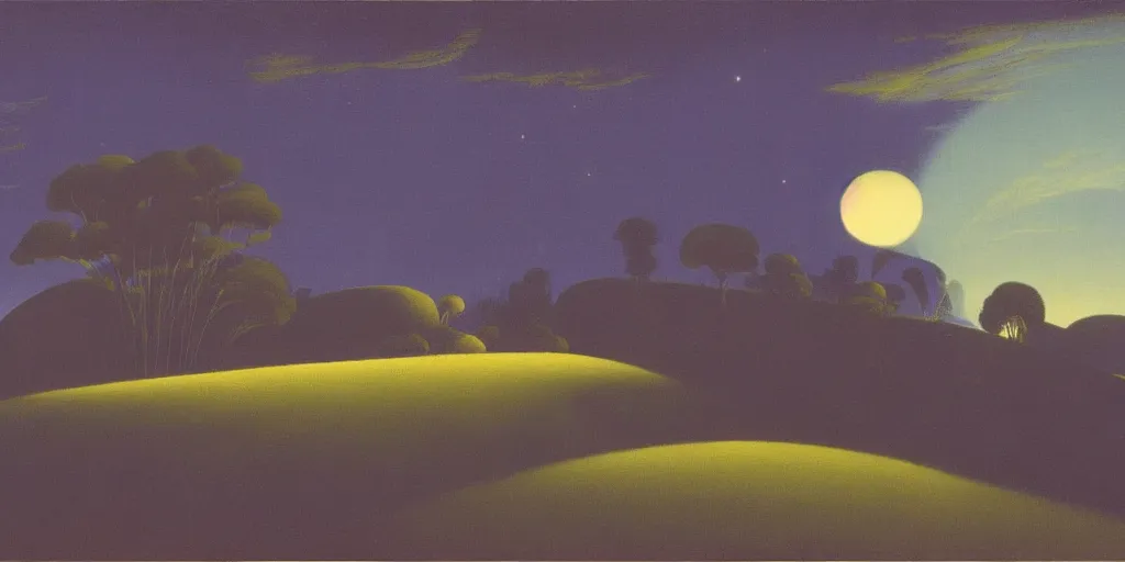 Image similar to a night landscape background, rob gonsavles, eyvind earle, heade martin johnson, edward hopper