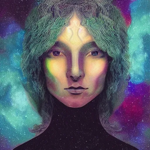 Image similar to beautiful detailed artistic portrait of a person travelling between different astral planes. reality is more interesting than you think. grainy and rough. fine detail. soft colour scheme. artistic painting by lurid ( 2 0 2 2 ). featured on deviantart.