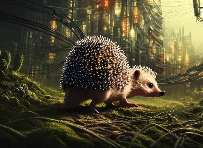 Image similar to intricate hedgehog with optic fibers growing out of it's back, on the background of a weird magical mechanical forest. Very detailed 8k. Fantasy cyberpunk horror. Sharp. Cinematic post-processing. Unreal engine. Nanite. Ray tracing. Parallax. Tessellation