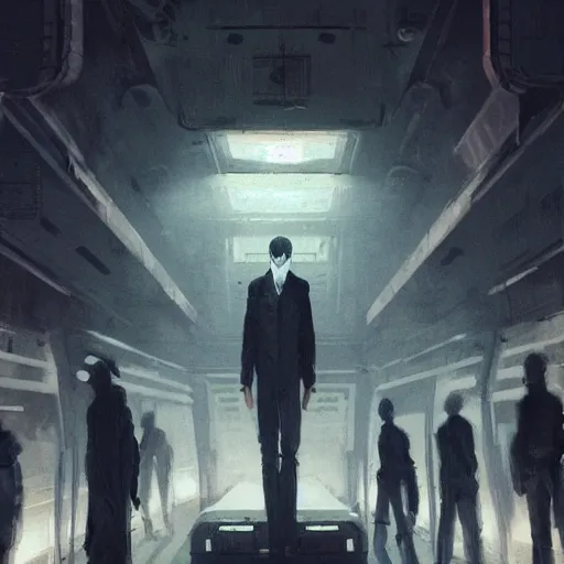 Image similar to concept art by greg rutkowski, a very tall, and slender man with short black hair, sitting with the crew in the ship's flight deck, brutalist futuristic interior, dark lighting atmosphere, detailed portraits, nostalgic atmosphere, scifi, digital painting, artstation, concept art, smooth, sharp foccus ilustration, artstation hq