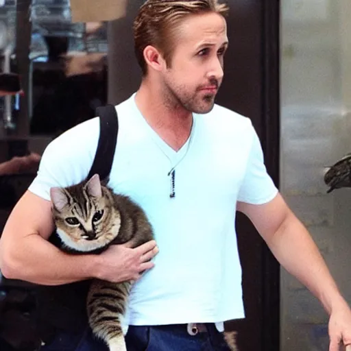 Image similar to ryan gosling shoplifting a cat under each arm