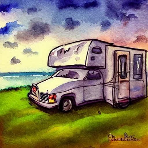 Prompt: beautiful cute cozy very little rv truck on the grass by the water, sunset, puffy cute clouds, white background, watercolor, 4 colors!!!