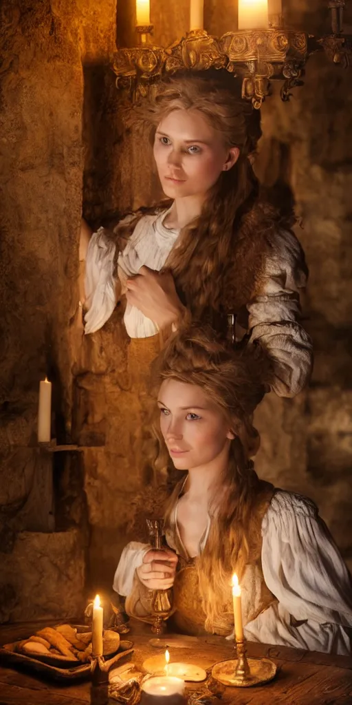 Image similar to young attractive beautiful scandinavian woman wearing 1 8 th century stay in a medieval tavern at night with candles, wow 4 k detail fantasy, matte painting, realistic materials, photo realistic, postprocessing, cinematic, hyperrealistic, studio lighting, ekaterina, the tudors, photography by richard jenkins