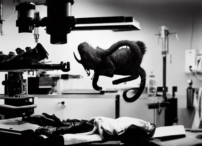 Image similar to an underexposed Fujifilm 500 photograph of a chimera in a surgical laboratory