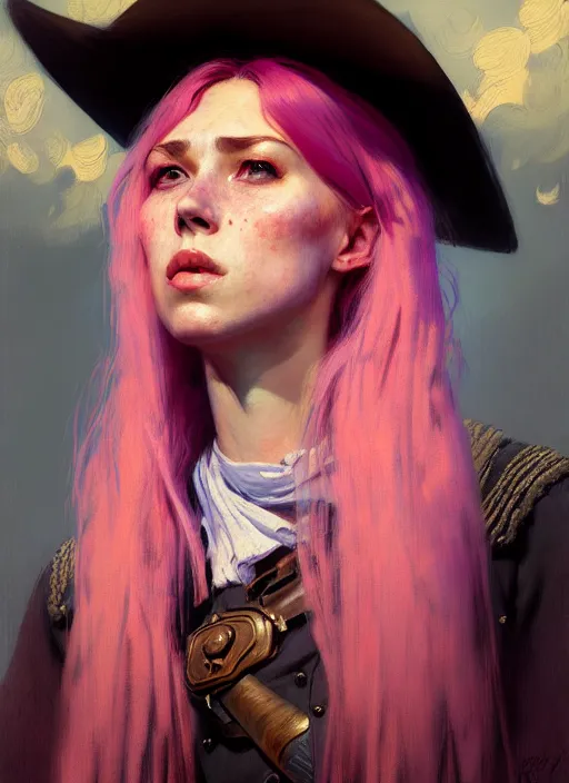 Image similar to female western sherif, beautiful girl, full body, pink hair, in old west, realistic, serov, surikov, vasnetsov, repin, kramskoi, insanely detailed, charlie bowater, tom bagshaw, high resolution, octane rendered, unreal engine, illustration, trending on artstation, masterpiece, 8 k