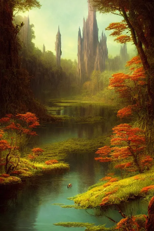 Image similar to a beautiful digital illustration painting of a detailed gothic fantasy secret river calm creek small fish, by benoit b. mandelbrot, steven belledin, martin johnson heade, lee madgwick, caspar david friedrich, and david rios ferreira. 8 k resolution trending on artstation concept art digital illustration