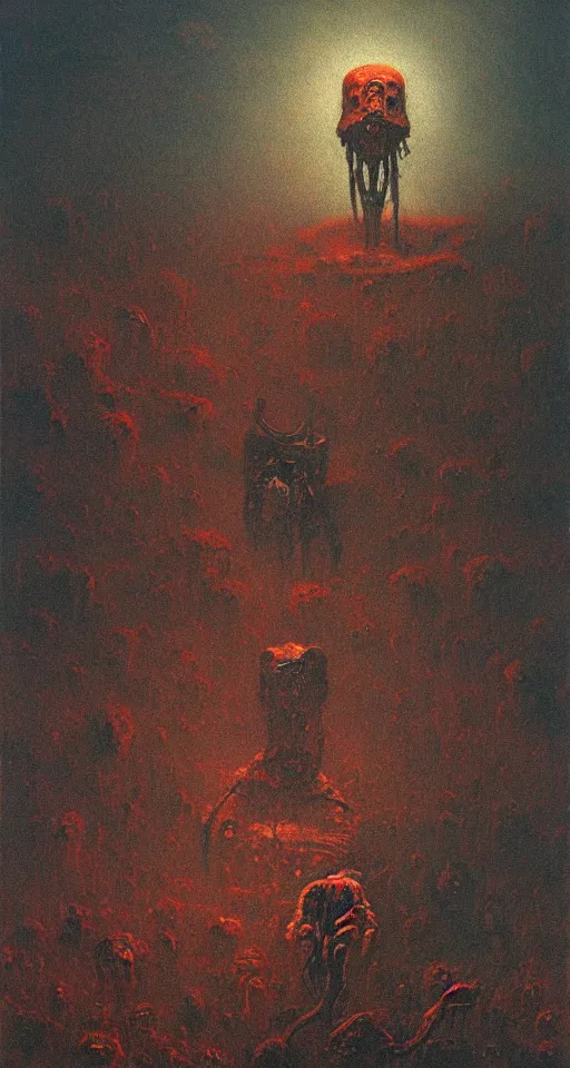 Image similar to Painting in a style of Beksinski featuring a giant robotic monster yelling in the dark, creepy, pain, suffering in the background