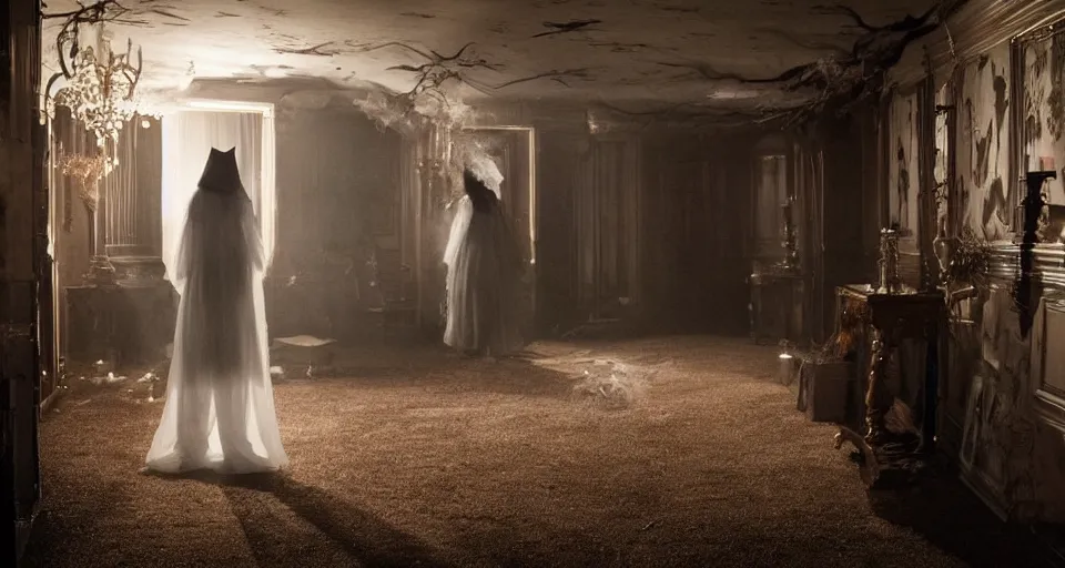 Prompt: Halloween film, Scene where a woman in white walking dark hallways in old mansion at midnight , view from front