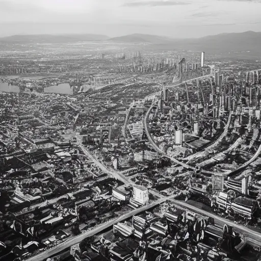 Prompt: a black and white photo of a utopian city