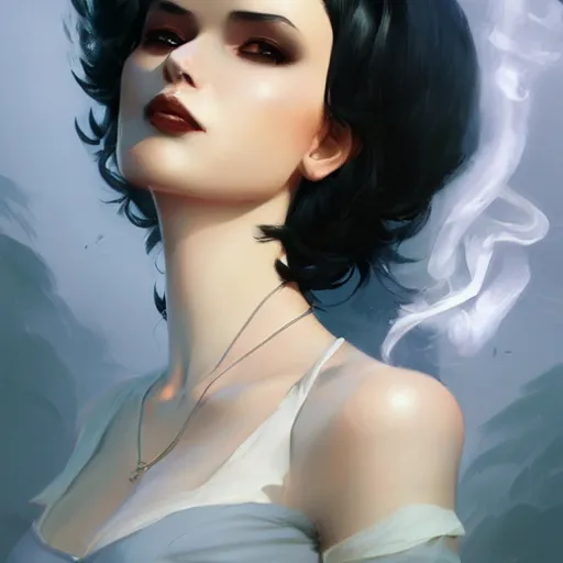 Image similar to Elegant woman with black hair, smoke around her, high detail, concept art background by john harris + andreas rocha, artwork by charlie bowater + artgerm + anato finnstark + ross tran