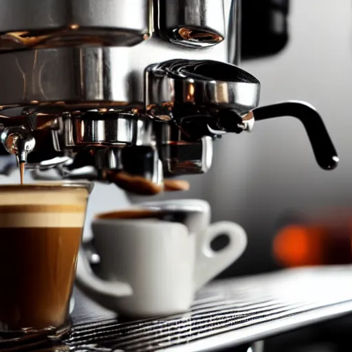 Image similar to close up realistic detailed photo of an expensive espresso machine in a cozy coffee shop, hdr, depth of field, chrome, reflections, volumetric lighting