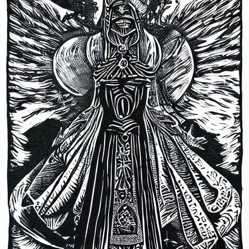 Prompt: a black ink on paper linocut print of a beautiful alien priestess by Vladimir Zimakov. Epic fantasy art.