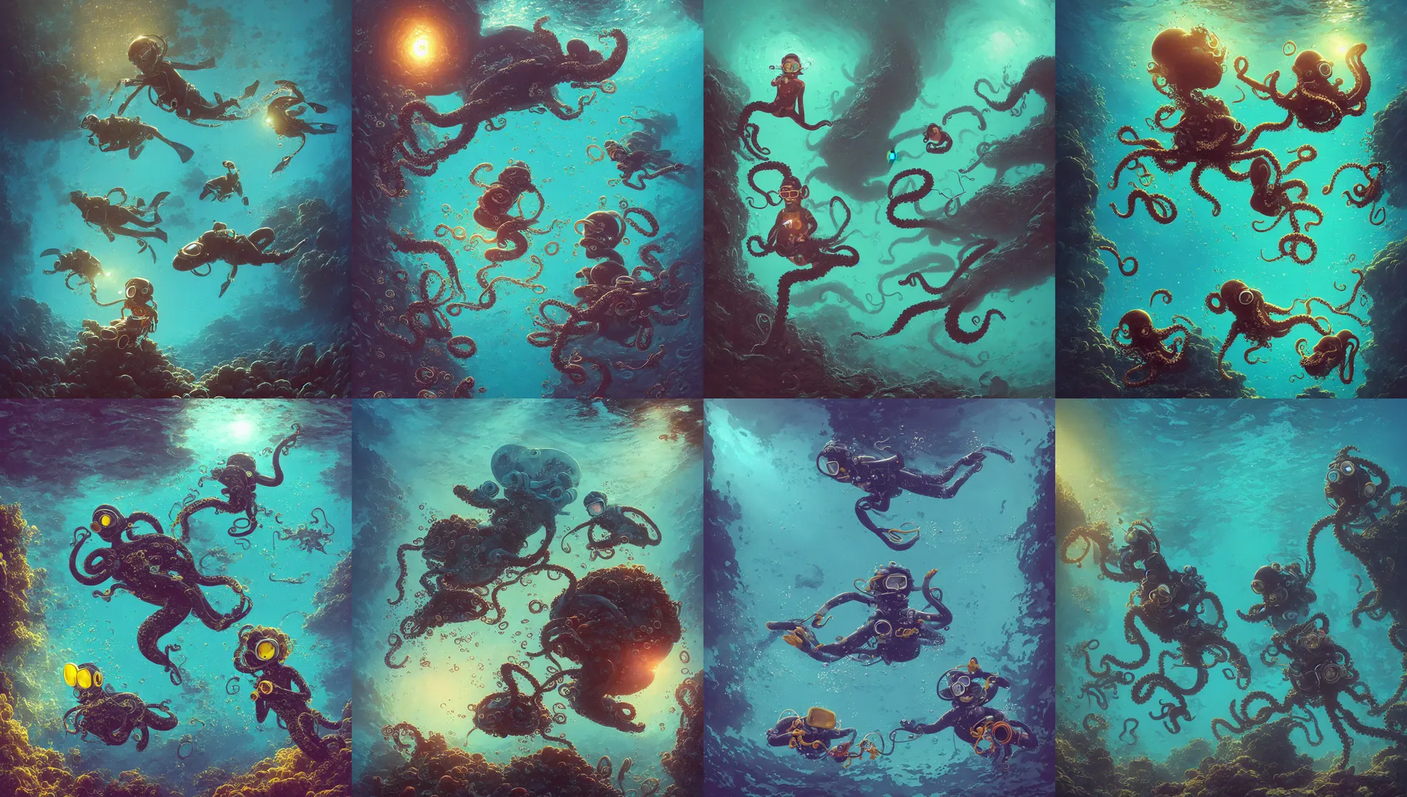 Prompt: dark oily water, anthropomorphic octopus, little girl in diver scuba gear, alena aenami, petros afshar, noah bradley, anton fadeev, anato finnstark, steve henderson, filip hodas, mark keathley, thomas kinkade, phil koch, gilbert williams, mike winkelmann, beeple