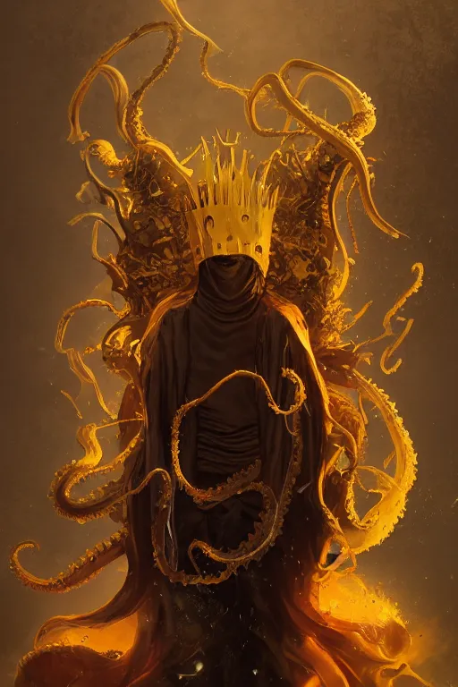 Image similar to A full body portrait of a mysterious character with no face with a very long hooded yellow cloak, a golden crown floating above his head tentacles coming out the ground art by Maciej Kuciara and Jason Chan, ominous, cosmic horror, trending on artstation, Ultra detailed, hyper realistic 4k