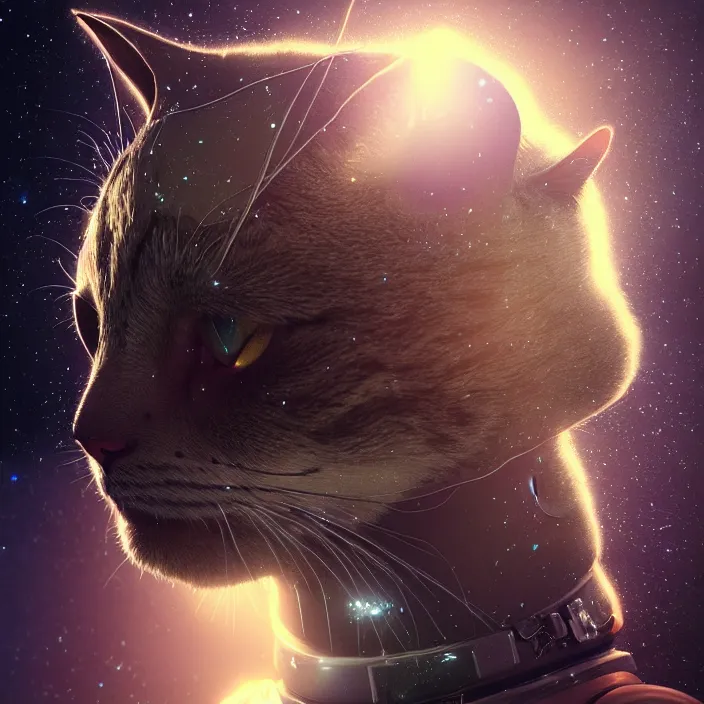 Prompt: very detailed portrait of a majestic cat, dressed in a spacesuit, sci - fi, futuristic, details, intricate, octane render, redshift, smooth, illustration, fairy lighting, stars and planets in the background, hyperrealistic, by dmitry prozorov, loish, and wlop, trending on artstation, hyperdetailed, hyperrealism