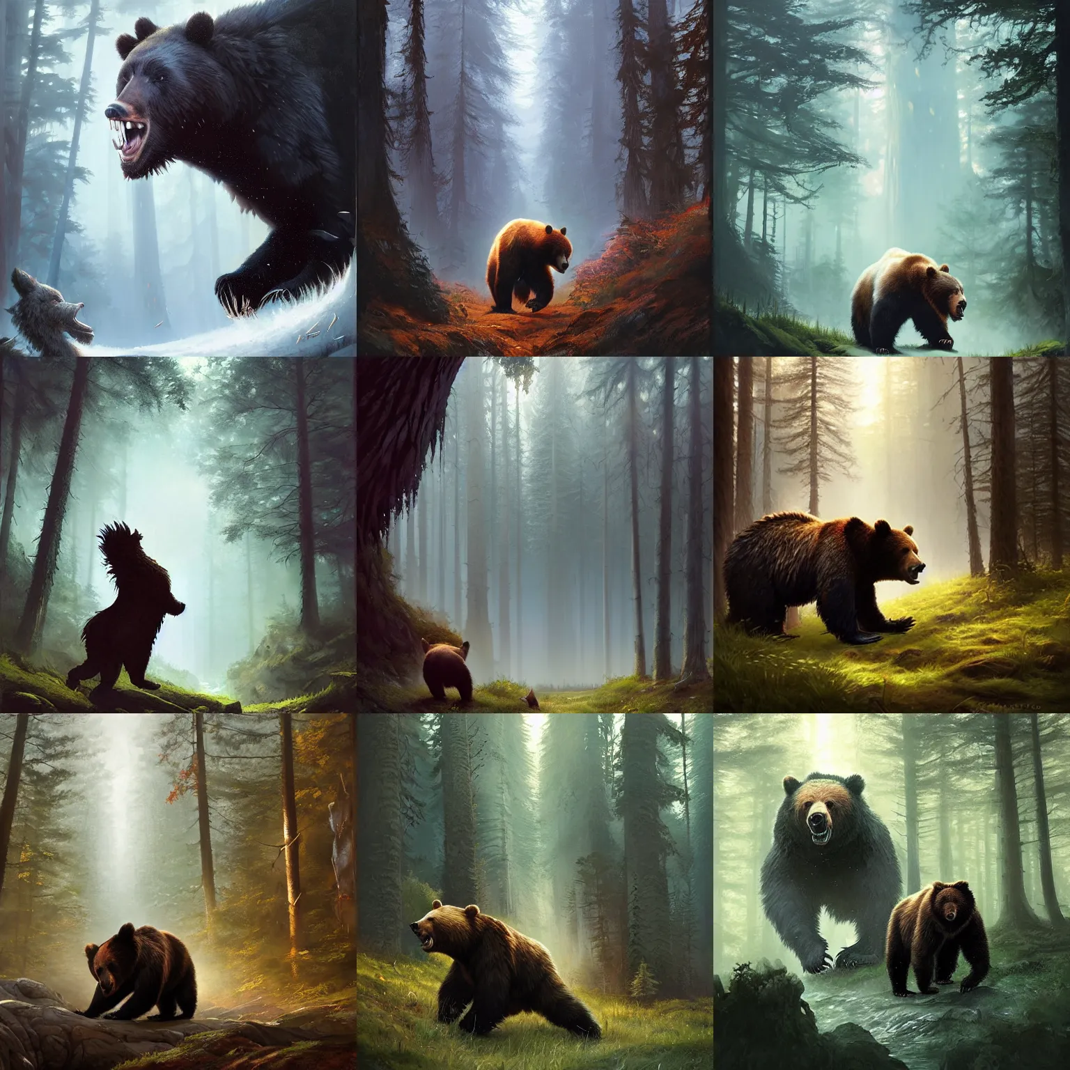 Prompt: fantasy painting of bear charging towards viewer, roaring, open mouth, teeth, dark forest in background, painted by greg rutkowski and andreas rocha