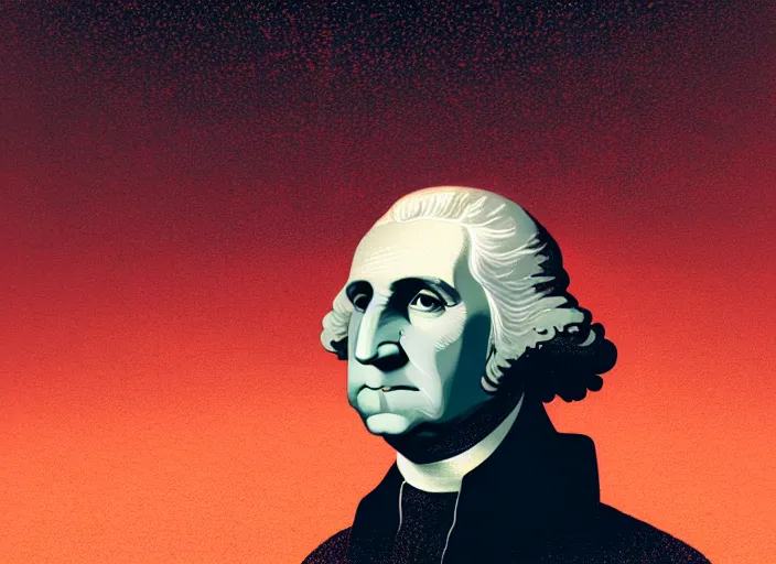 Image similar to illustrated portrait of george washington, colorful, mads berg, karolis strautniekas, christopher balaskas, stippled light, low fog, moody, fine texture, editorial illustration, dramatic lighting, dynamic composition, detailed, matte print, muted color, ( ( victo ngai ) ), wide angle