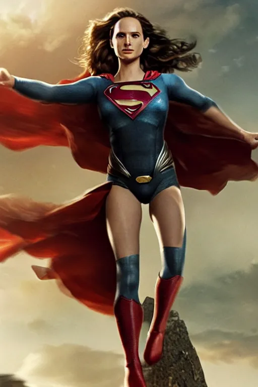 Image similar to a cinematic portrait of Man of Steel flying cast as Natalie Portman by Greg Rutkowski, full body shot