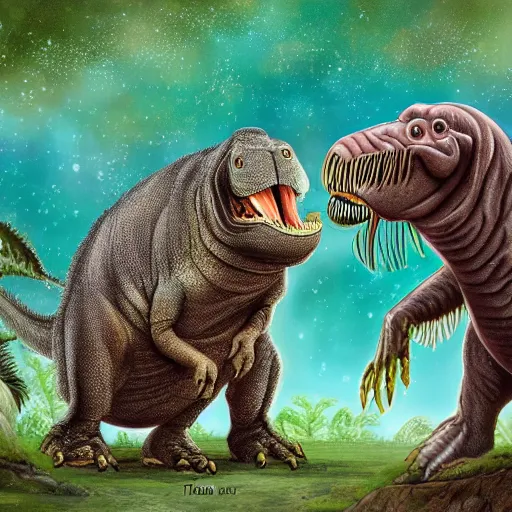 Image similar to a tyrannosaurus rex and a walrus hugging in a space jungle