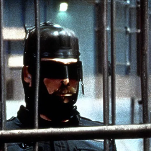 Prompt: close - up of christian bale as a liquid metal police officer passing through iron bars, terminator 2, film still, 1 9 9 1, hd, 8 k