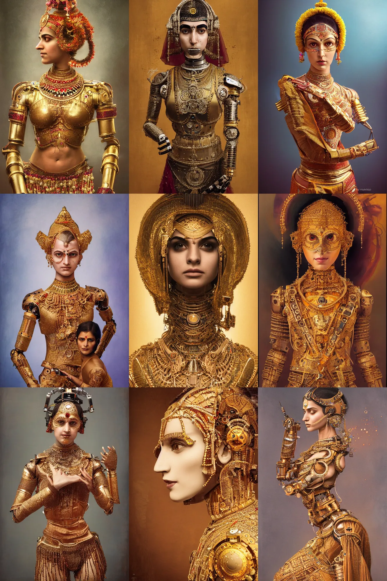 Prompt: a beautiful ultradetailed fine art photo of an ex machina robot dressed as an indian classical dancer, by tom bagshaw and zach sutton, portrait, 3 5 mm lens, golden ratio composition, detailed face, simple elegant mechanical robot, studio photography, very detailed, dressed in silk, artstation, 8 k, highly coherent