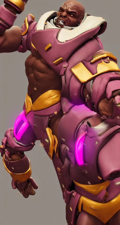 Image similar to doomfist, pink blazer, overwatch game, digital art, high detailed, artstation, 3 d render